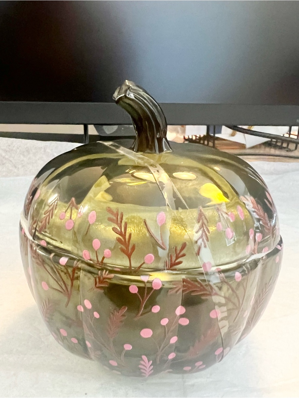 Decorative Glass Pumpkin Jar with Pink Floral Accents Brand New